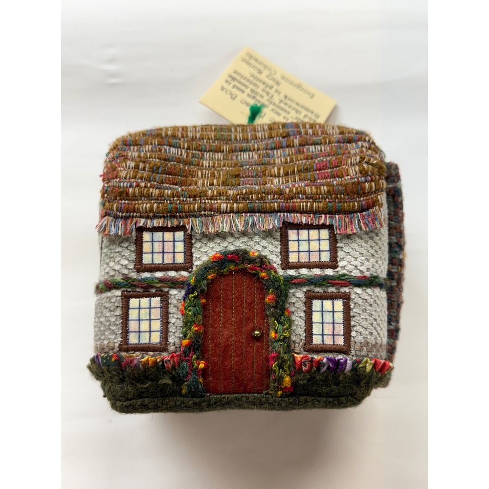 Vintage Mary Morine Fabric Treasure House Box Embroidered Thatched Roof Cottage